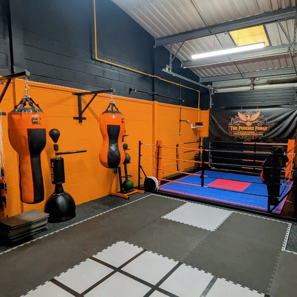 Boxing ring and bags at The Phoenix Forge, Settle