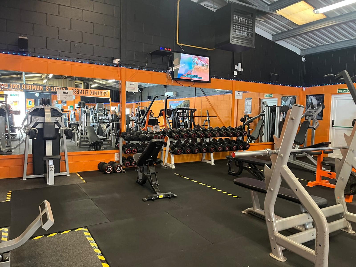 Dumbbell racks, benches and free weights area at Phoenix Fitness gym in Settle